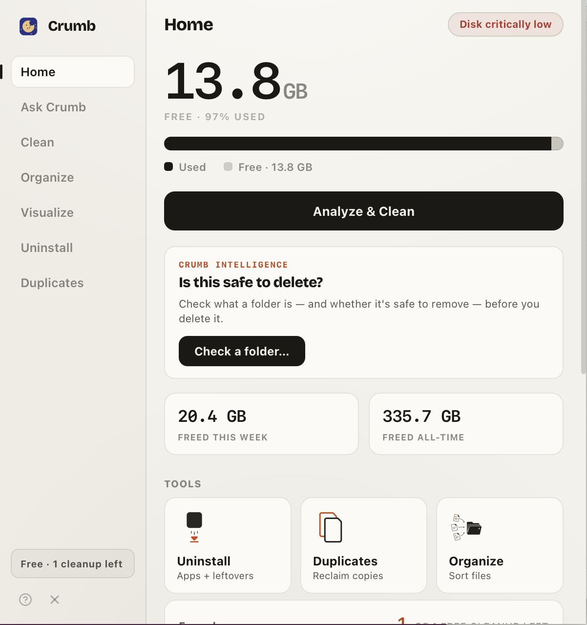 Crumb's Home view: a large 13.8 GB free readout with a disk-usage bar, a Crumb Intelligence card asking whether a folder is safe to delete, freed-space stats, and a tools grid.